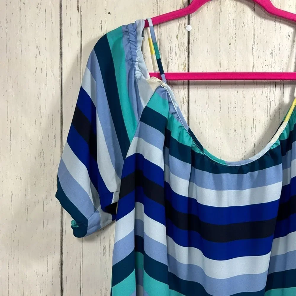 New York & Company Stripes Off The Shoulder Blue Coastal Nautical Blouse